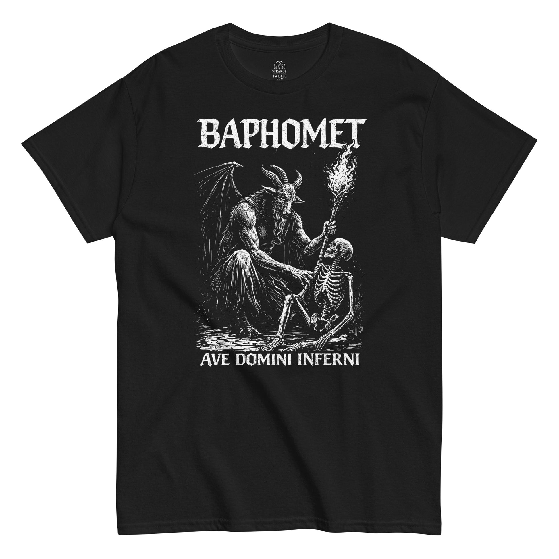 Front view black t-shirt featuring gothic Baphomet ritual illustration with skeleton and occult text