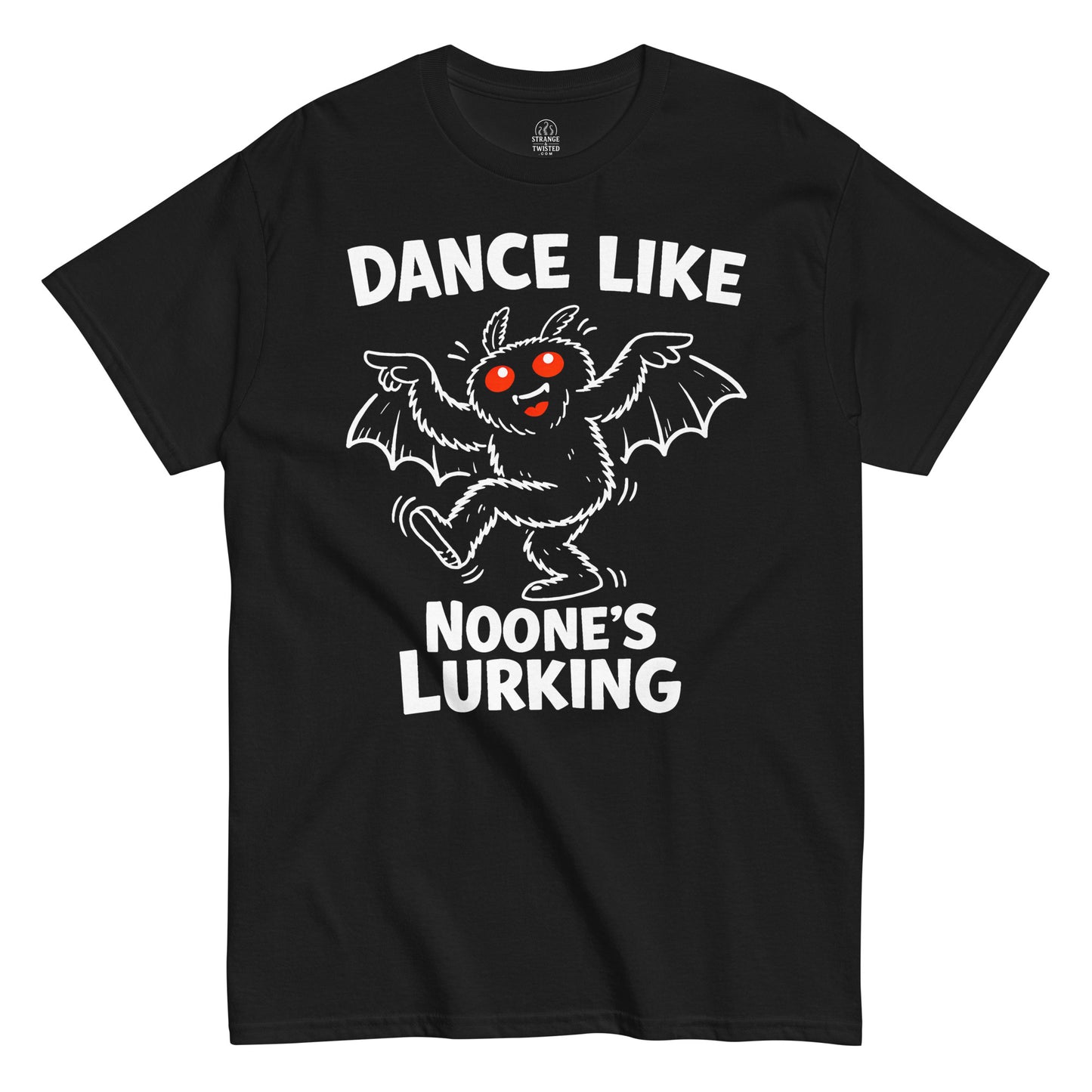 Front view of black t-shirt featuring dancing Mothman cartoon with Dance Like Noone’s Lurking text in white