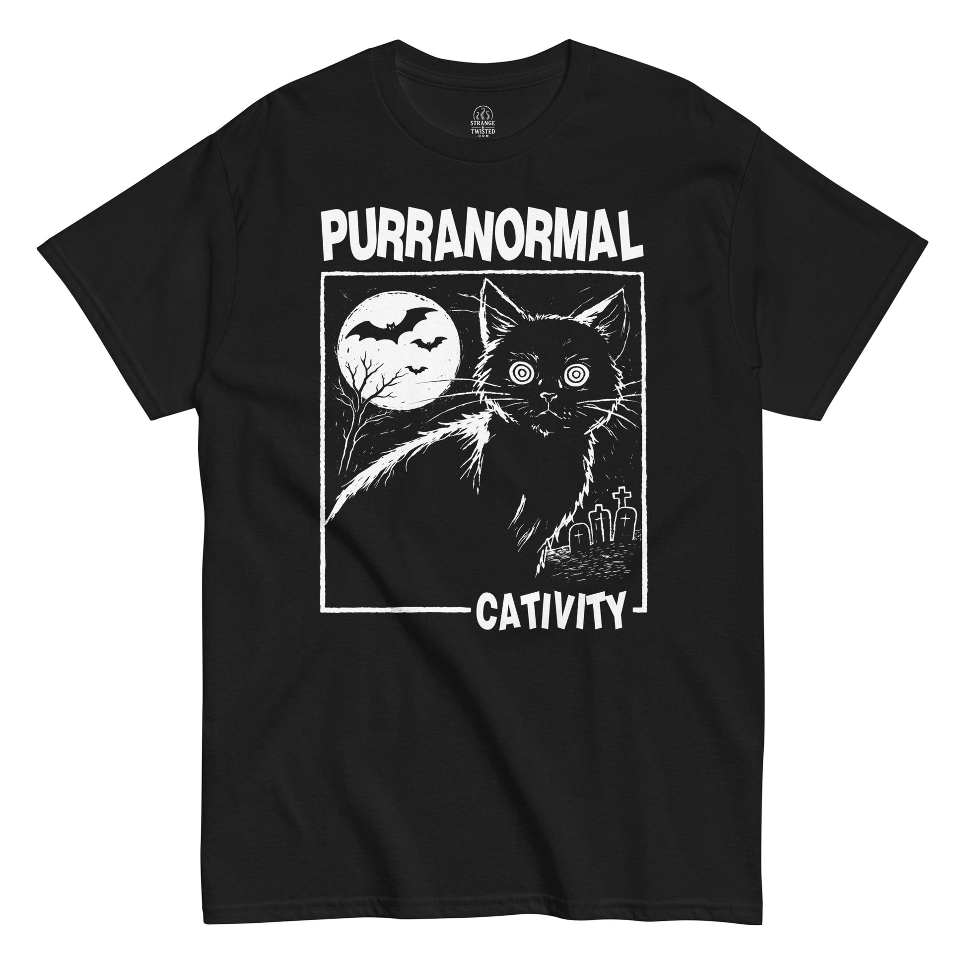 Purranormal Cativity paranormal cat T shirt on black featuring wide eyed gothic cat moon bats and graveyard