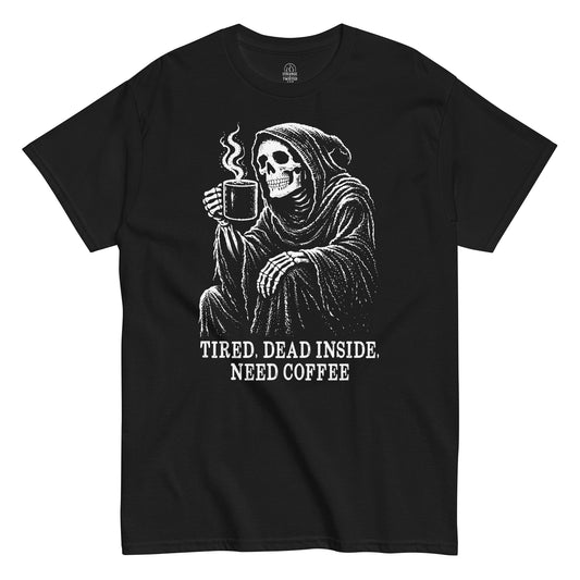 Gothic skeleton coffee T shirt on black showing hooded skeleton holding steaming mug with distressed horror style