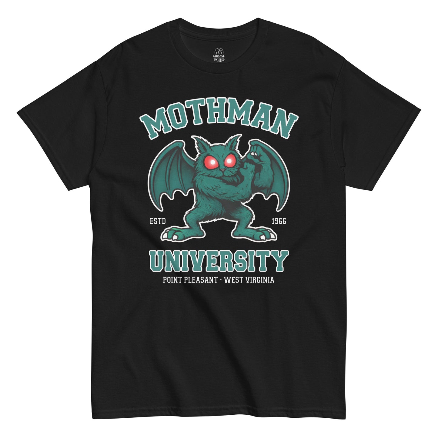 Mothman University cryptid folklore T shirt on black featuring winged mothman mascot with glowing red eyes