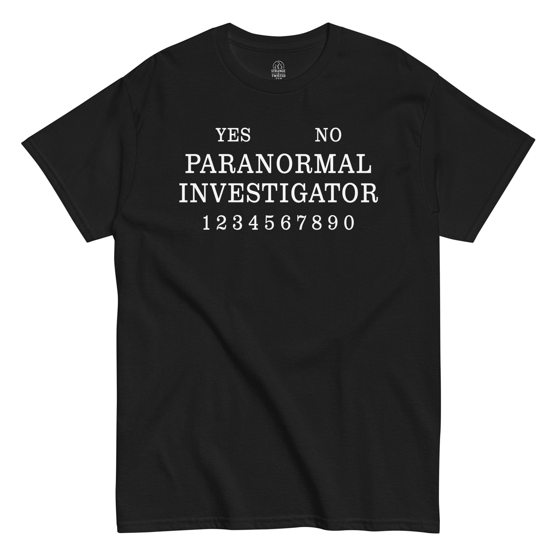 Paranormal Investigator T shirt on black with ouija board style text layout and numeric spirit board elements