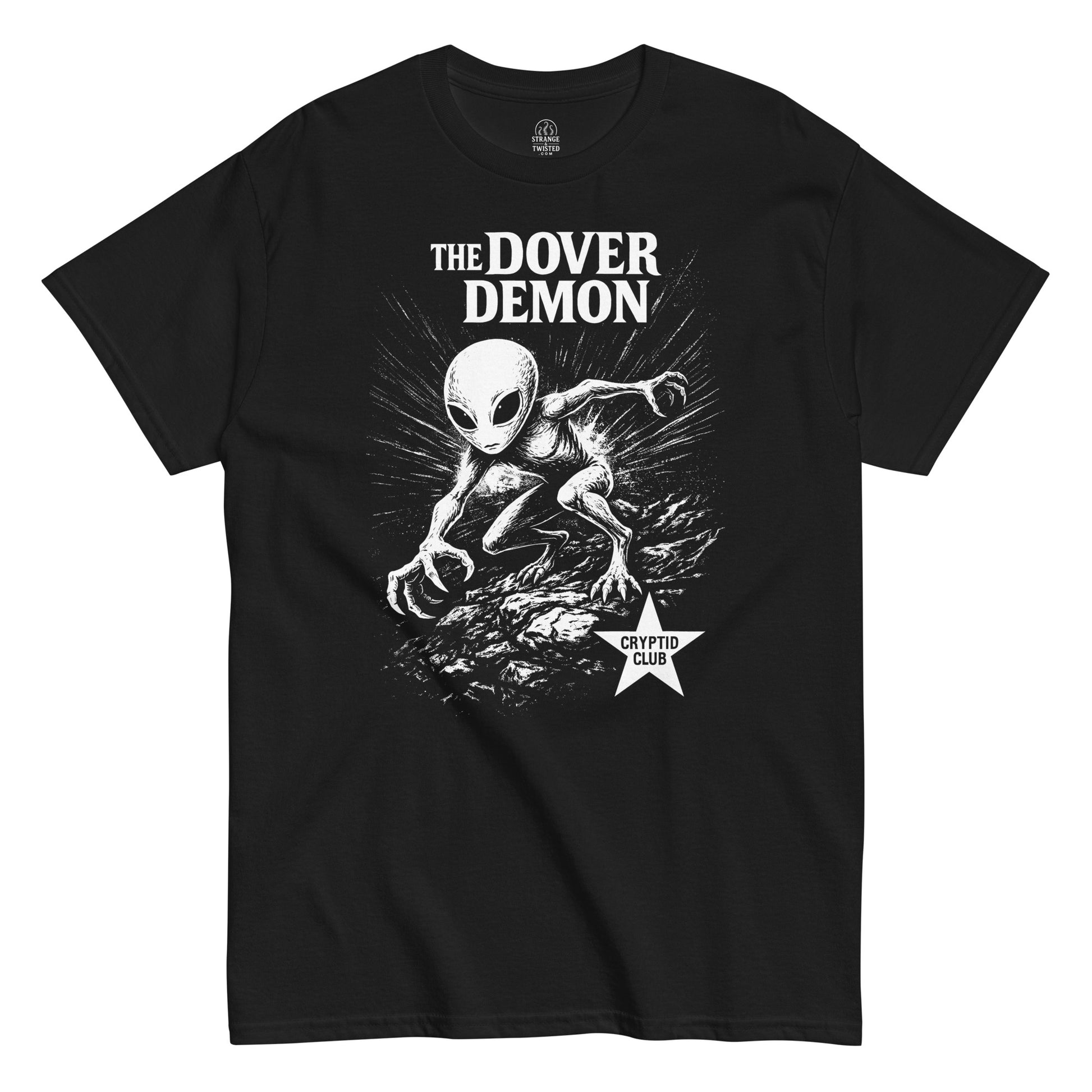 The Dover Demon cryptid T shirt on black featuring eerie humanoid creature with glowing eyes