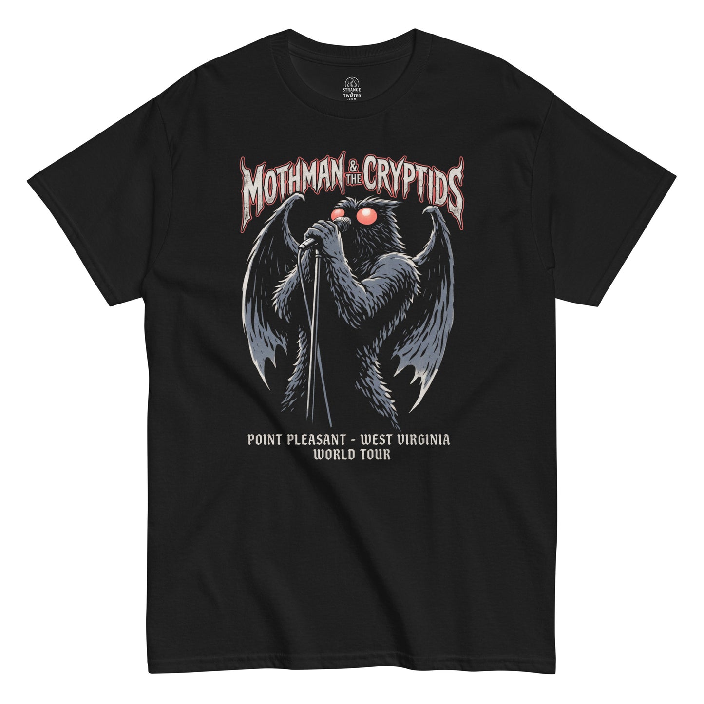 Mothman cryptid world tour T shirt on black featuring winged Mothman singing into microphone