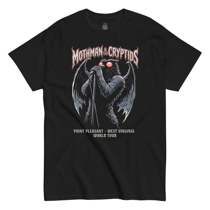 Mothman cryptid world tour T shirt on black featuring winged Mothman singing into microphone