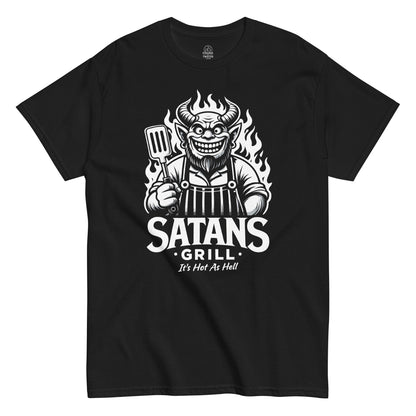 Satans Grill BBQ T shirt on black featuring devil chef holding grilling spatula