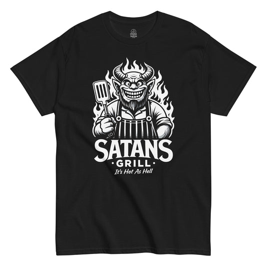 Satans Grill BBQ T shirt on black featuring devil chef holding grilling spatula