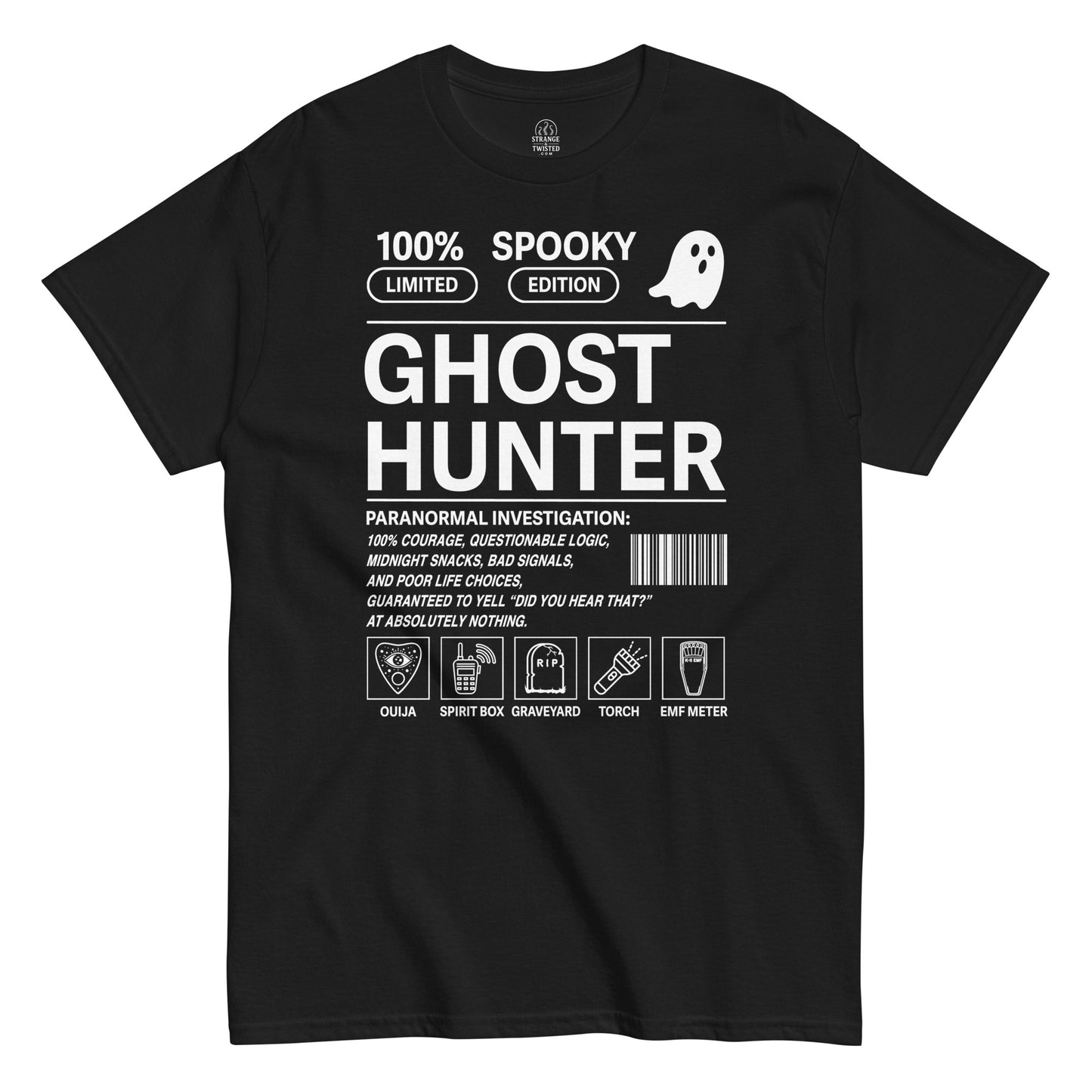 Ghost Hunter paranormal investigator T shirt on black featuring spooky ghost hunting tools and humorous paranormal text