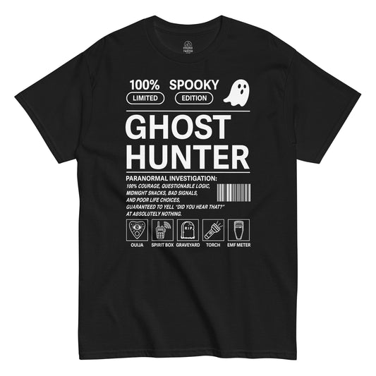 Ghost Hunter paranormal investigator T shirt on black featuring spooky ghost hunting tools and humorous paranormal text
