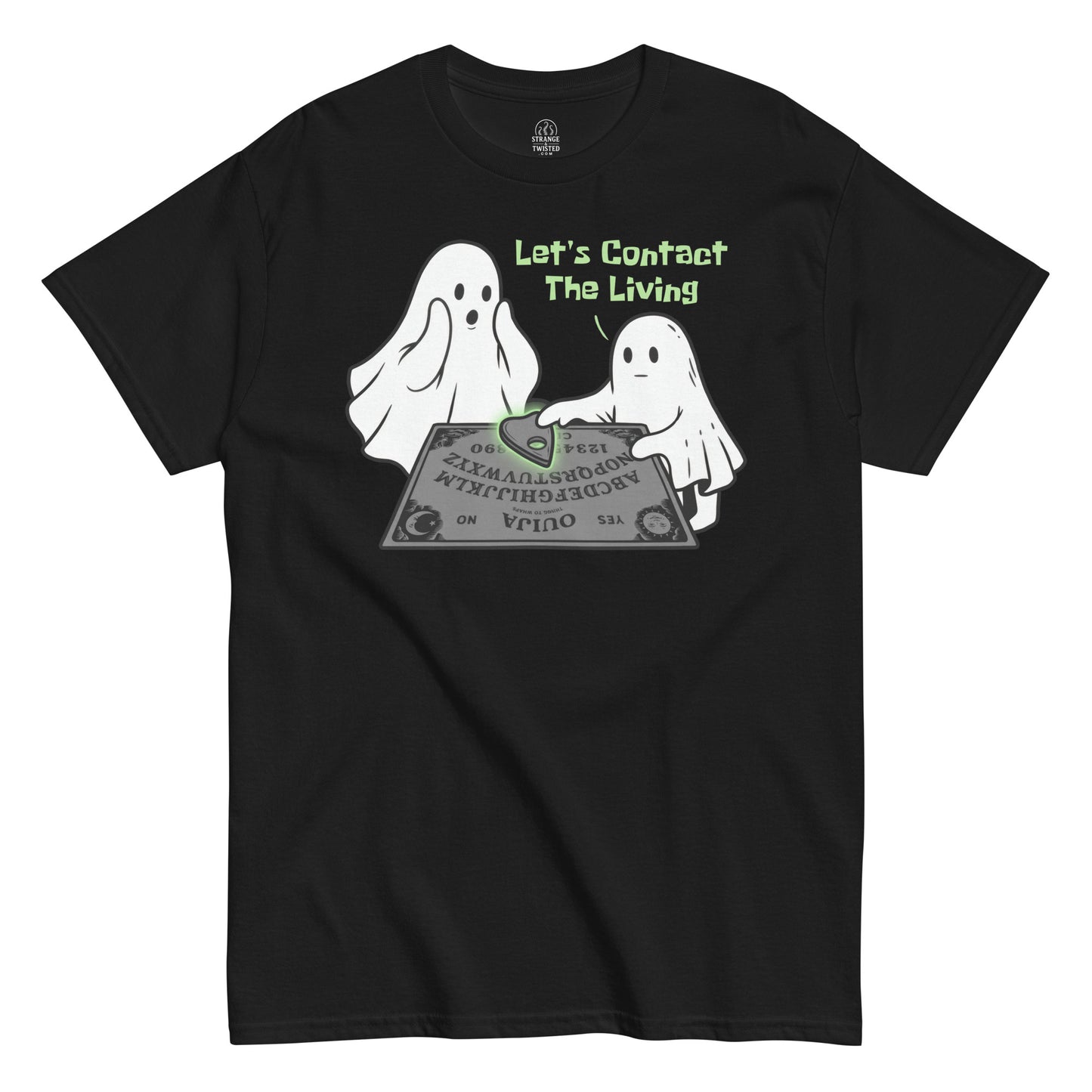 Paranormal ghost Ouija board T shirt on black featuring two ghosts using spirit board