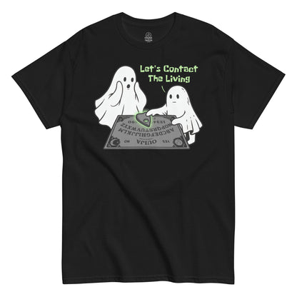 Paranormal ghost Ouija board T shirt on black featuring two ghosts using spirit board