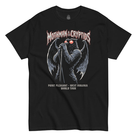 Black Mothman and the Cryptids t-shirt funny cryptozoology shirt in a rock band art style