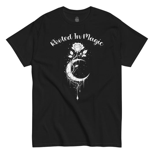 rooted in magic gothic witchcraft t shirt crescent moon rose occult design dark aesthetic clothing