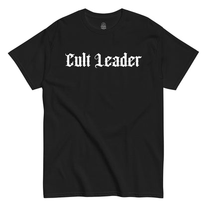 cult leader gothic t shirt bold blackletter typography occult dark aesthetic clothing black garment