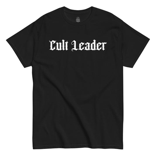cult leader gothic t shirt bold blackletter typography occult dark aesthetic clothing black garment