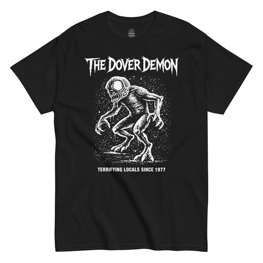 dover demon cryptid t shirt creepy creature urban legend monster design horror folklore black clothing