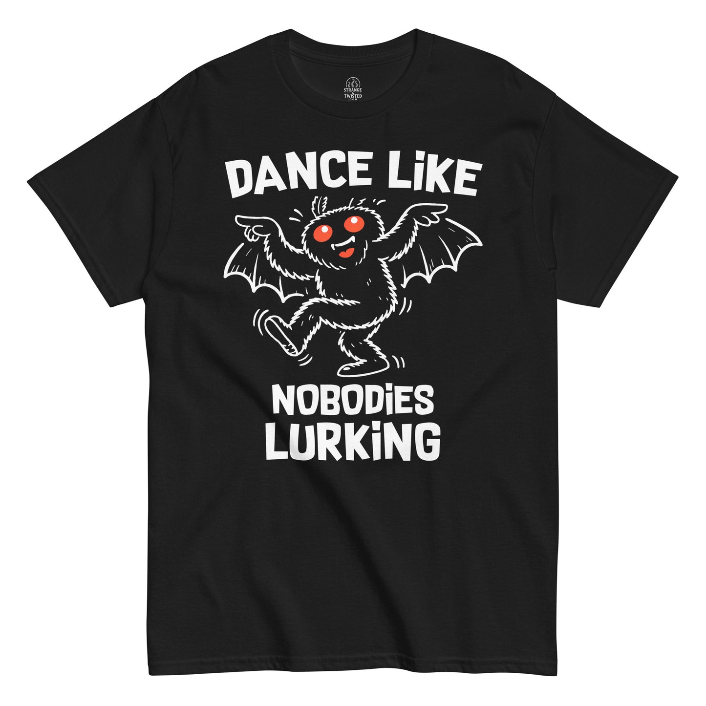 Front view of black Mothman t-shirt for dancers and cryptid fans