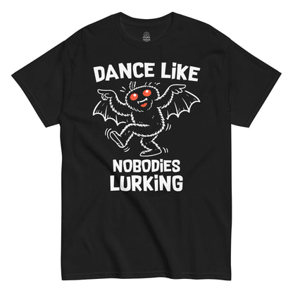 Front view of black Mothman t-shirt for dancers and cryptid fans