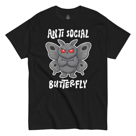 Funny Mothman T-Shirt, front view of black unisex anti social butterfly shirt for cryptid fans