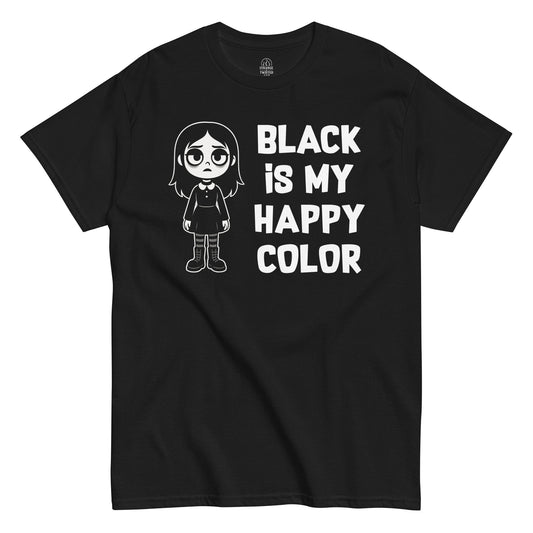 Front view of black Goth Girl T-Shirt, Black Is My Happy Colour, Unisex