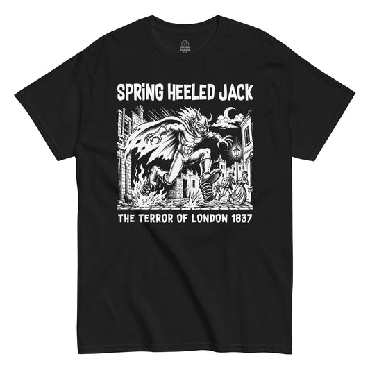 Spring Heeled Jack t-shirt front view, Victorian horror figure leaping through London street scene 1837, detailed white illustration on black