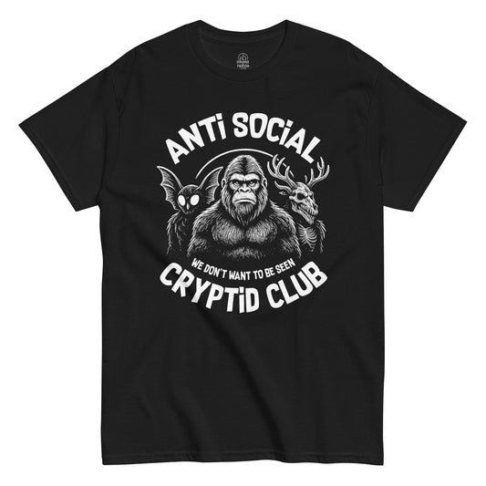Funny Cryptid T-Shirt featuring Bigfoot, Mothman and Wendigo, Black Unisex Tee