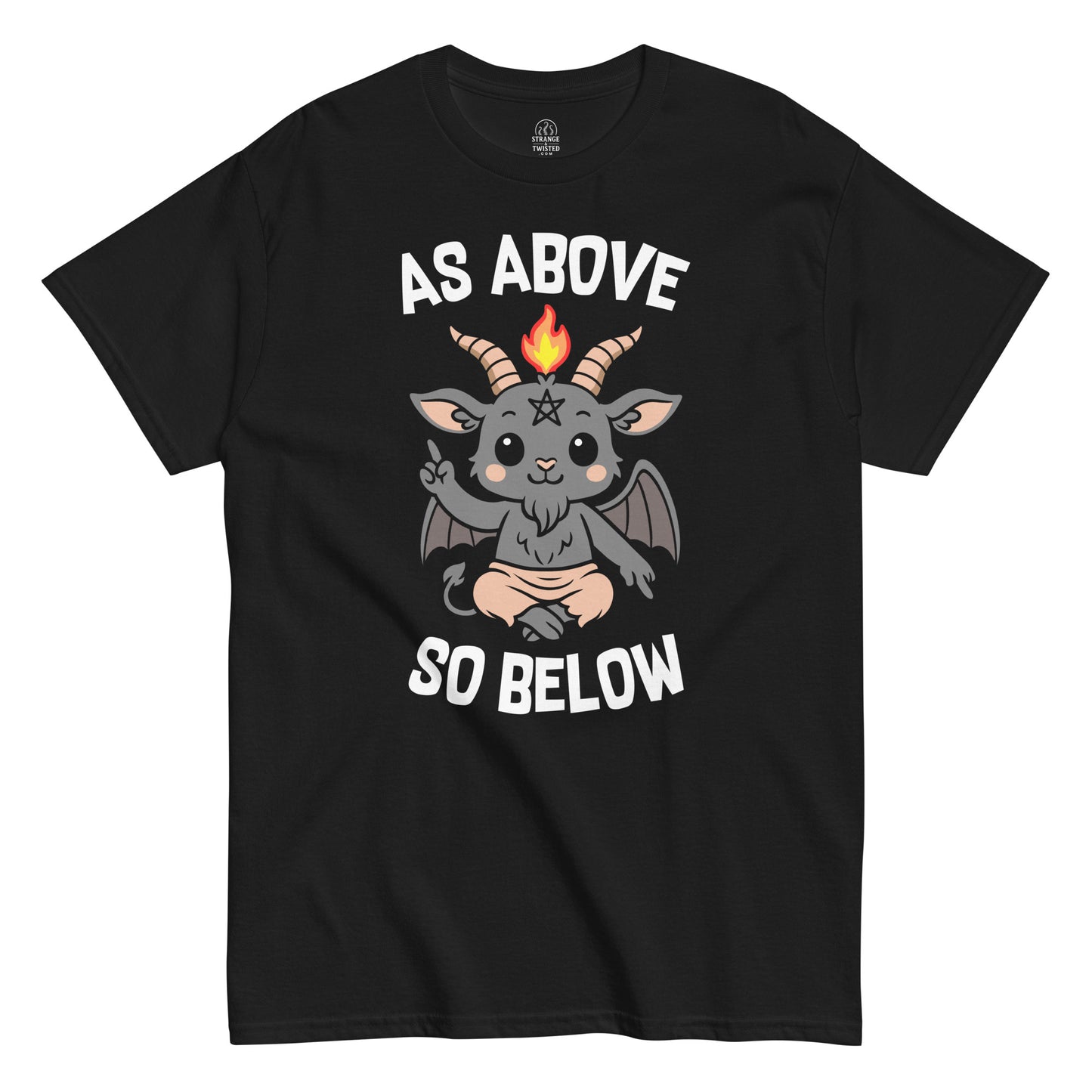 Cute Baby Baphomet T-Shirt with words As Above So Below, Gothic Occult themed, Black Unisex, Front View