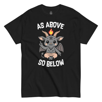 Cute Baby Baphomet T-Shirt with words As Above So Below, Gothic Occult themed, Black Unisex, Front View