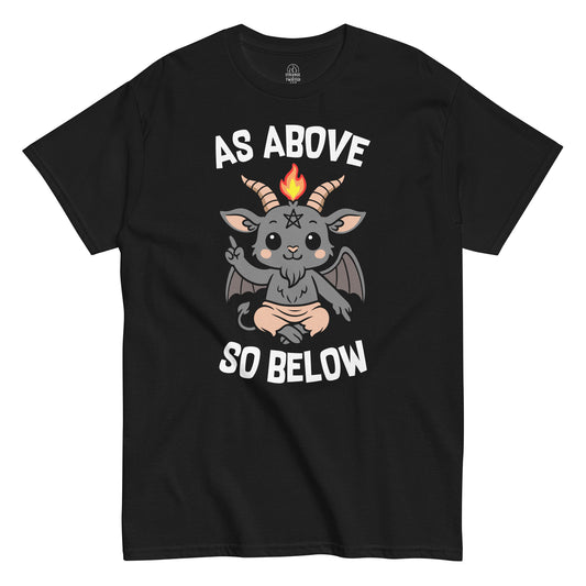 Cute Baby Baphomet T-Shirt with words As Above So Below, Gothic Occult themed, Black Unisex, Front View
