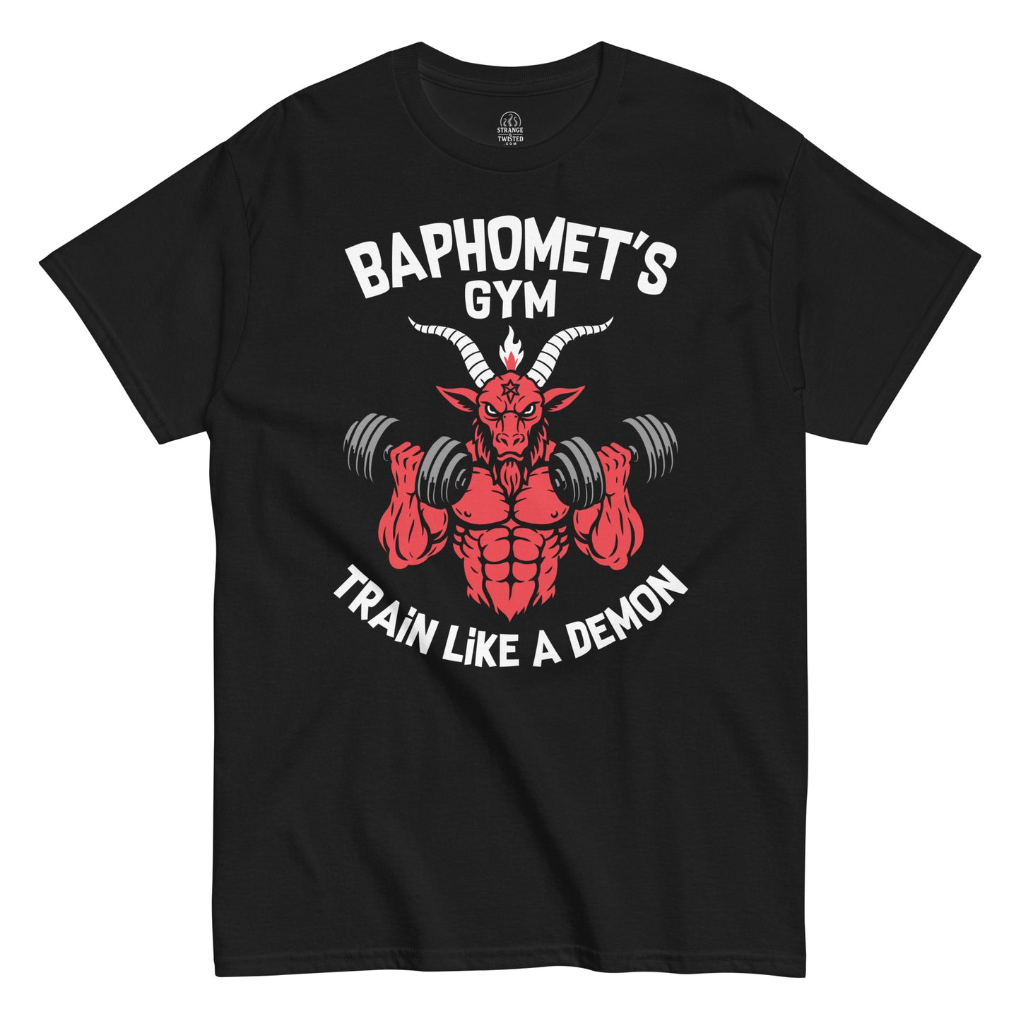 Baphomet's Gy, T-shirt, Train like a demon, funny occult workout top, black, unisex, front view