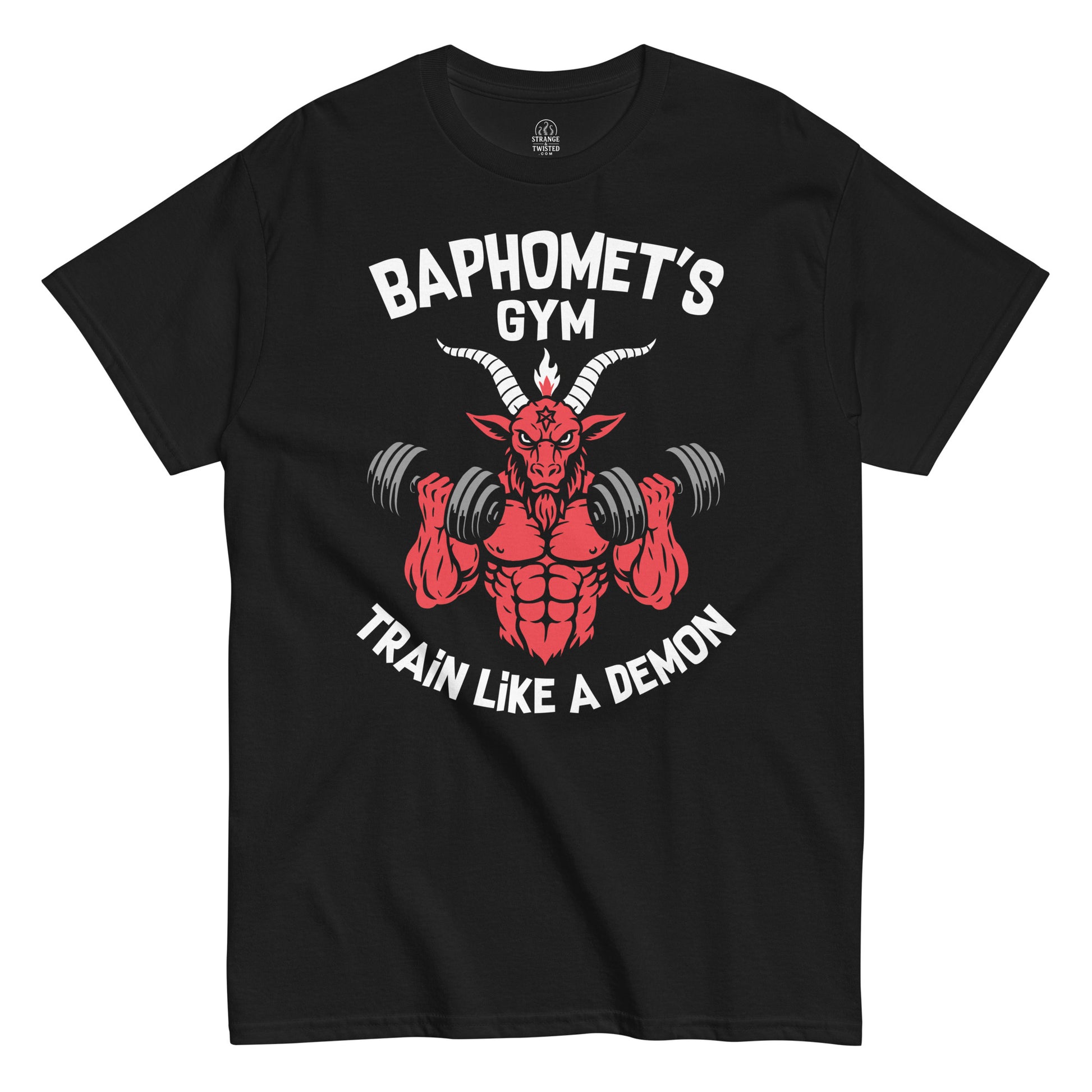 Baphomet's Gy, T-shirt, Train like a demon, funny occult workout top, black, unisex, front view