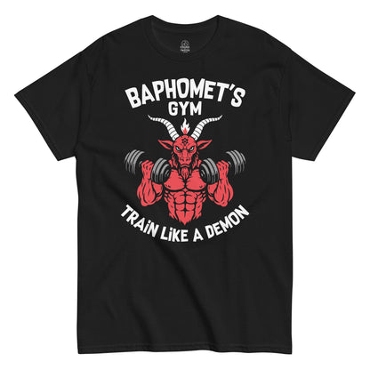 Baphomet's Gy, T-shirt, Train like a demon, funny occult workout top, black, unisex, front view