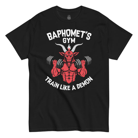 Baphomet's Gy, T-shirt, Train like a demon, funny occult workout top, black, unisex, front view