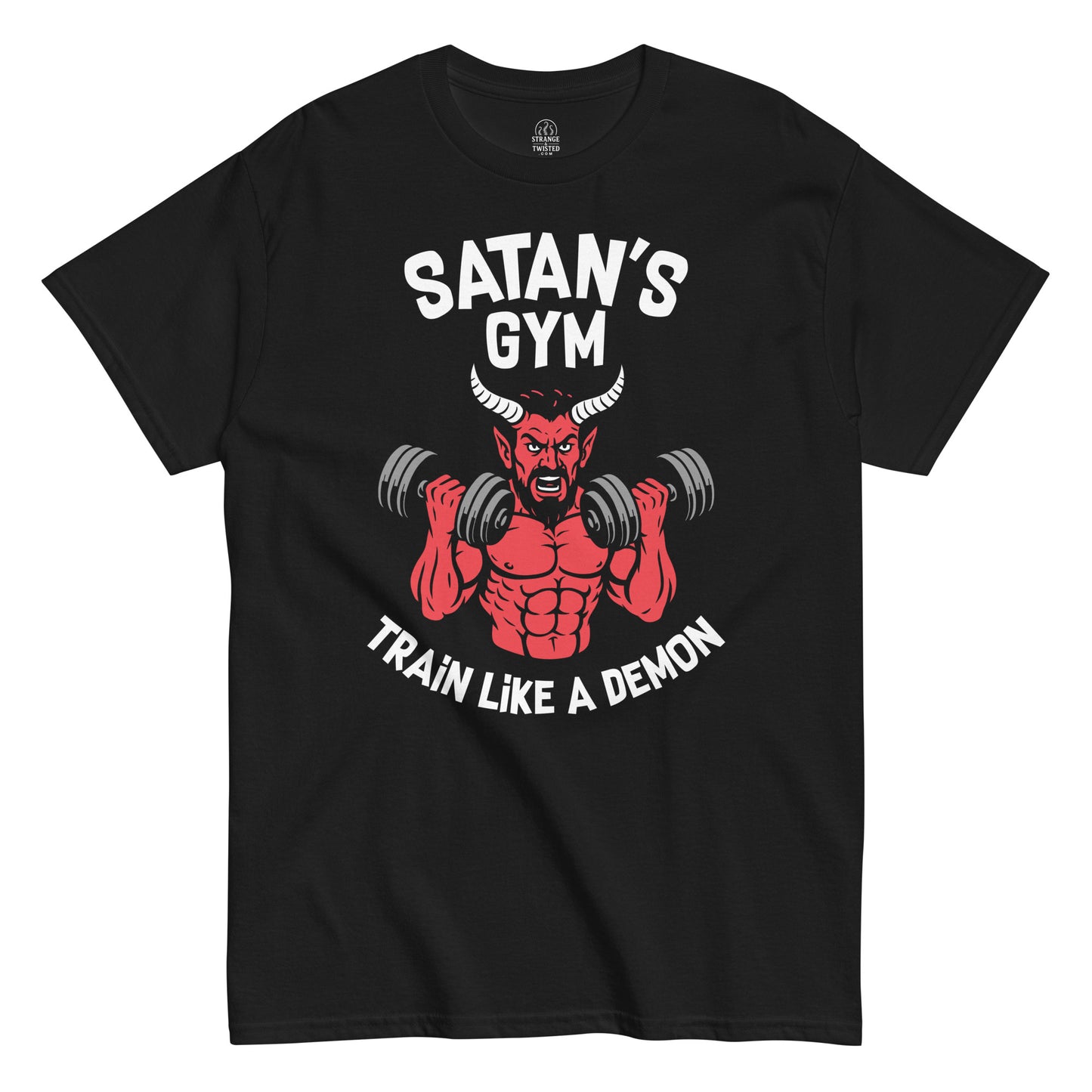 Satans Gym t-shirt Funny gothic occult workout tee, black, unisex, front view