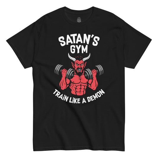 Satans Gym t-shirt Funny gothic occult workout tee, black, unisex, front view