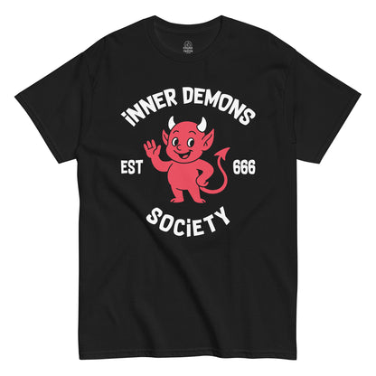 Black t-shirt with a red devil graphic and text on a white background, inner demons society, funny tee, Unisex, front view