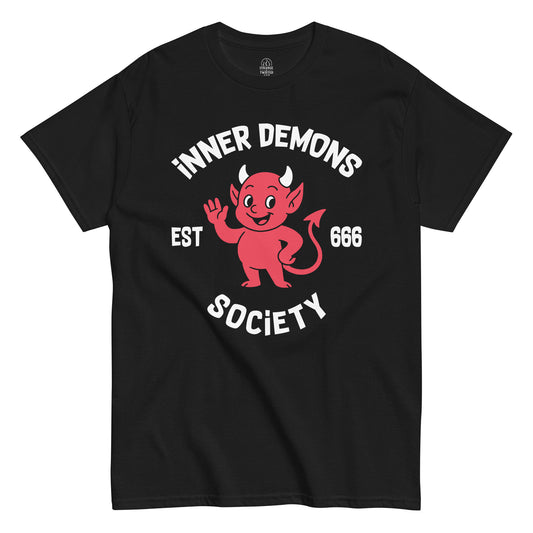 Black t-shirt with a red devil graphic and text on a white background, inner demons society, funny tee, Unisex, front view