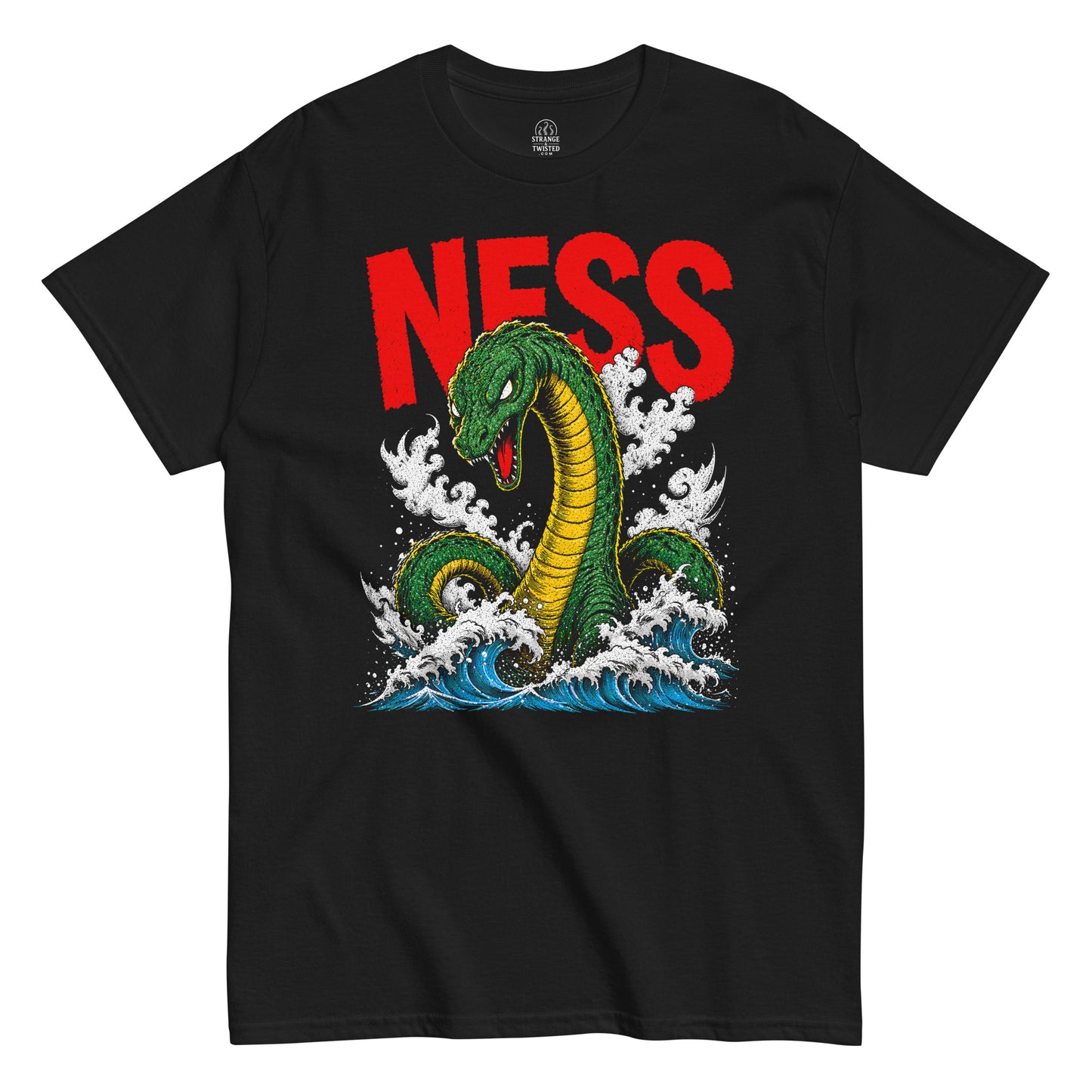Loch Ness monster t-shirt front view, Nessie rising from ocean waves with bold kaiju style artwork on black, Unisex