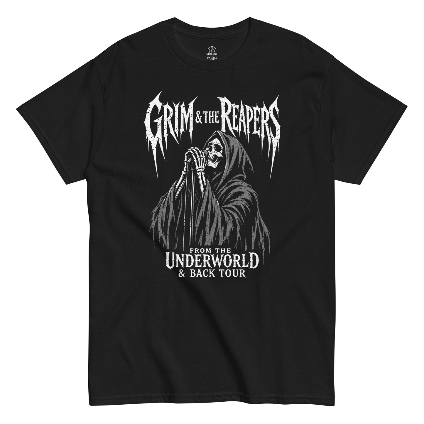 grim reaper band t-shirt front view, skeleton holding microphone in gothic tour design, distressed white graphic on black