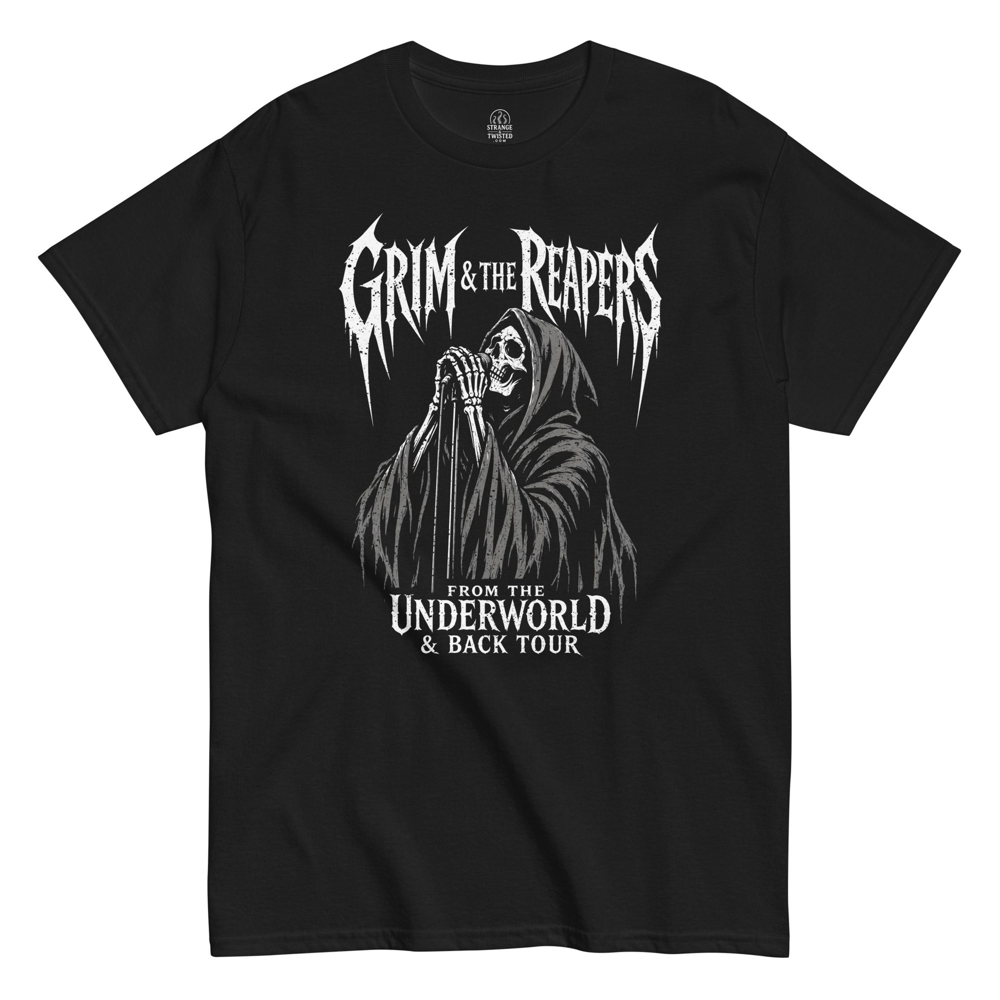 grim reaper band t-shirt front view, skeleton holding microphone in gothic tour design, distressed white graphic on black