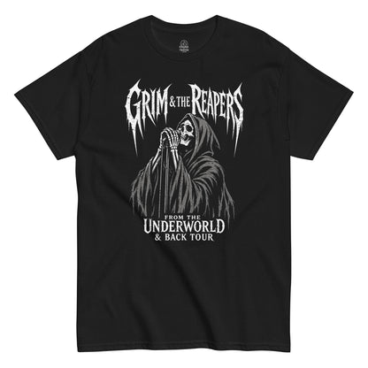 grim reaper band t-shirt front view, skeleton holding microphone in gothic tour design, distressed white graphic on black