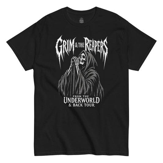 grim reaper band t-shirt front view, skeleton holding microphone in gothic tour design, distressed white graphic on black