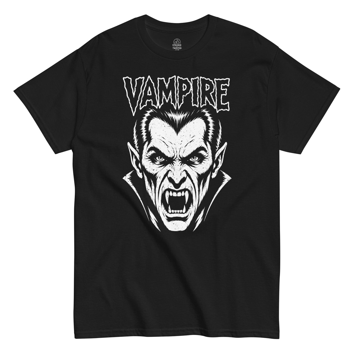 vampire horror t-shirt front view, retro vampire face with sharp fangs and gothic text in white on black