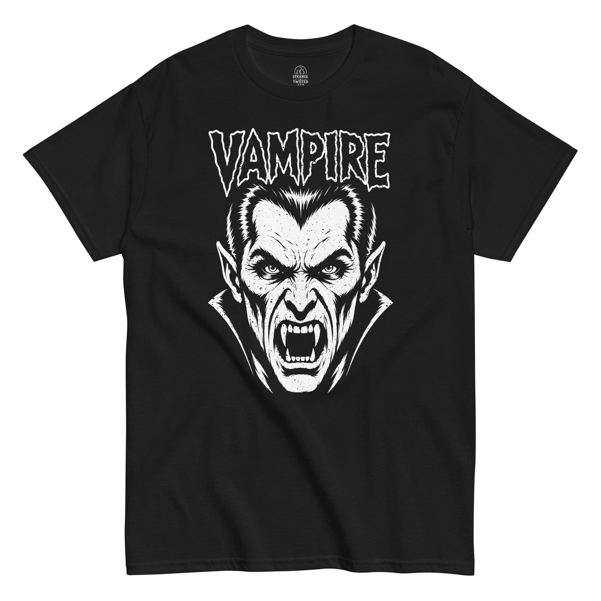 vampire horror t-shirt front view, retro vampire face with sharp fangs and gothic text in white on black