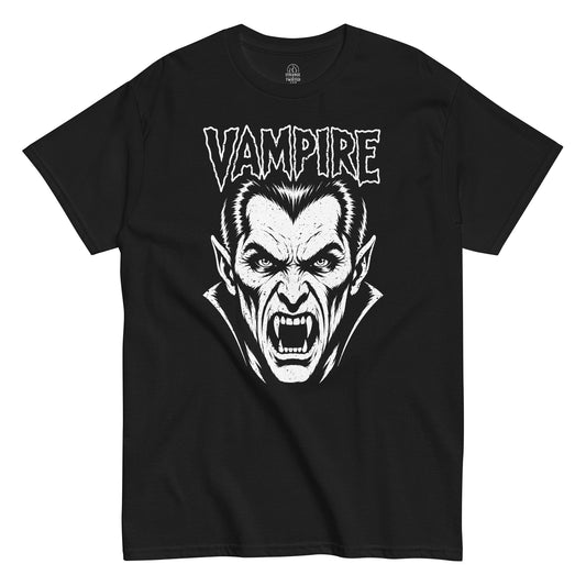 vampire horror t-shirt front view, retro vampire face with sharp fangs and gothic text in white on black