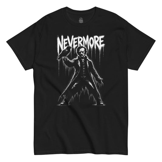 nevermore edgar allan poe t-shirt front view, gothic poe figure with raven and distressed white text on black