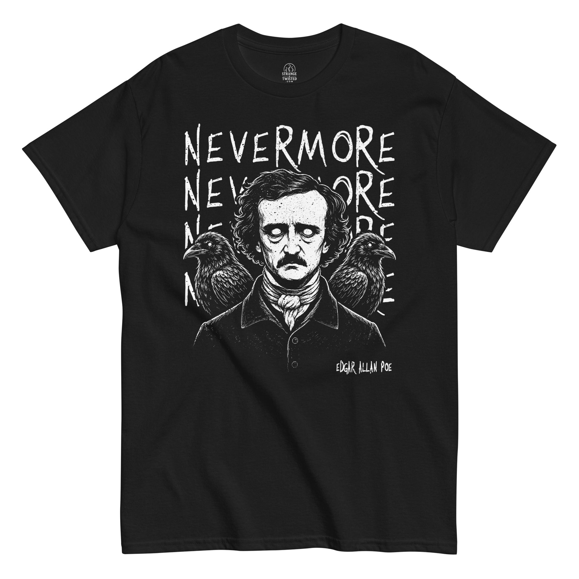 nevermore edgar allan poe t-shirt front view, gothic poe portrait with ravens and distressed white typography on black