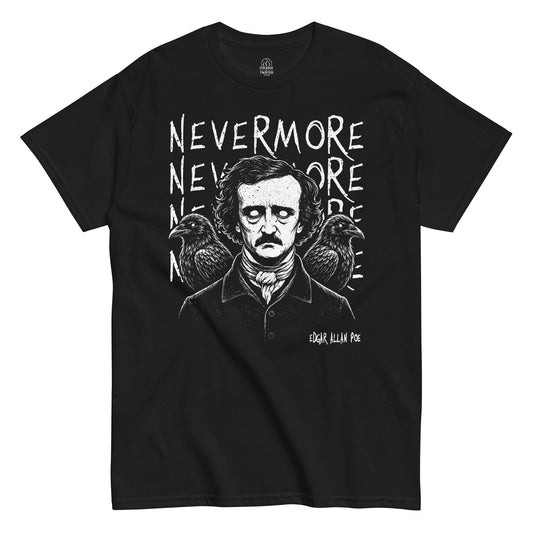 nevermore edgar allan poe t-shirt front view, gothic poe portrait with ravens and distressed white typography on black