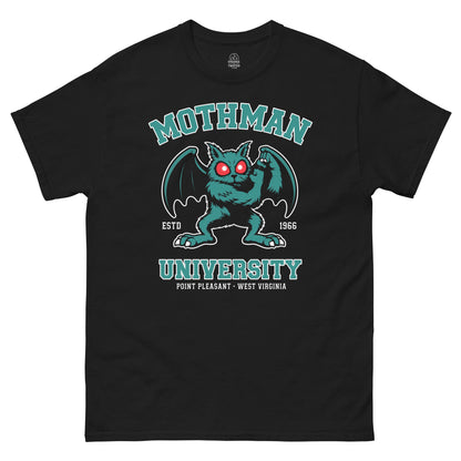 Black T-Shirt Front view mothman university featuring the famous Point Pleasant cryptid from urban legends