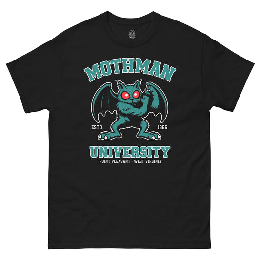 Black T-Shirt Front view mothman university featuring the famous Point Pleasant cryptid from urban legends